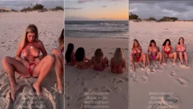 Debora Peixoto e varias amigas mostraram os seios na praia