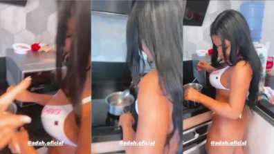 Adah cozinhando usando calcinha e sutiã