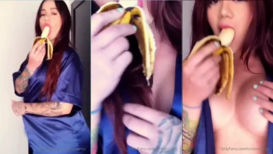 Cintia Cossio sensualizando com uma banana na boca