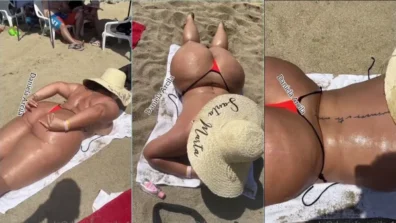 Daniela Arcila na praia de calcinha fio dental e sem sutiã