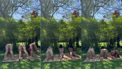 Emily Ferrer e as amigas de calcinha e sutiã se alongando