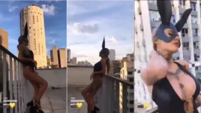 Putinha Giovana Lepore fantasiada de coelhinha da playboy