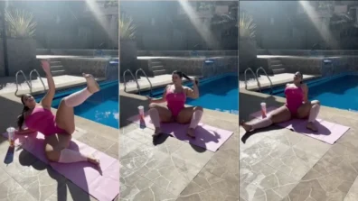 video da Daniela Arcila se exibindo na beira da piscina